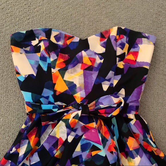 AKIRA Fun Geometric Graphic Strapless Boned Bodice Fit and Flare Dress - Picture 3 of 5